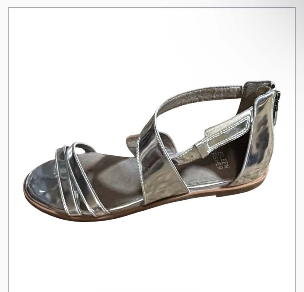 Eileen Fisher Cici Metallic Silver Mirror Leather Strappy Flat Sandals